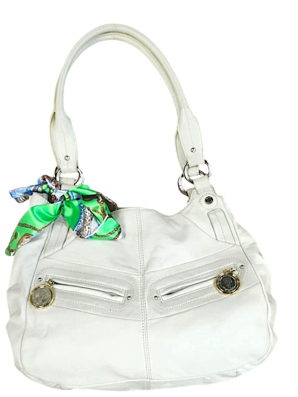 Tignanello  Triple Compartment Cream Leather Shoulder Bag with Decorative Scarf